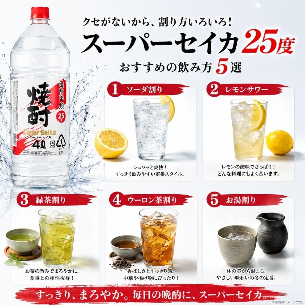 スーパーセイカ 焼酎甲類 25度 4L ペットボトル✖️4 Amazon.co.jp: 東亜酒造 甲類焼酎 スーパーセイカ ペット [ 焼酎 25度